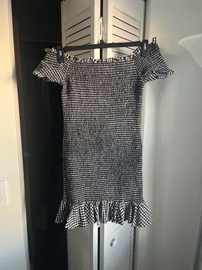 Wayf Black and White Gingham One-Shoulder Ruffle Dress
